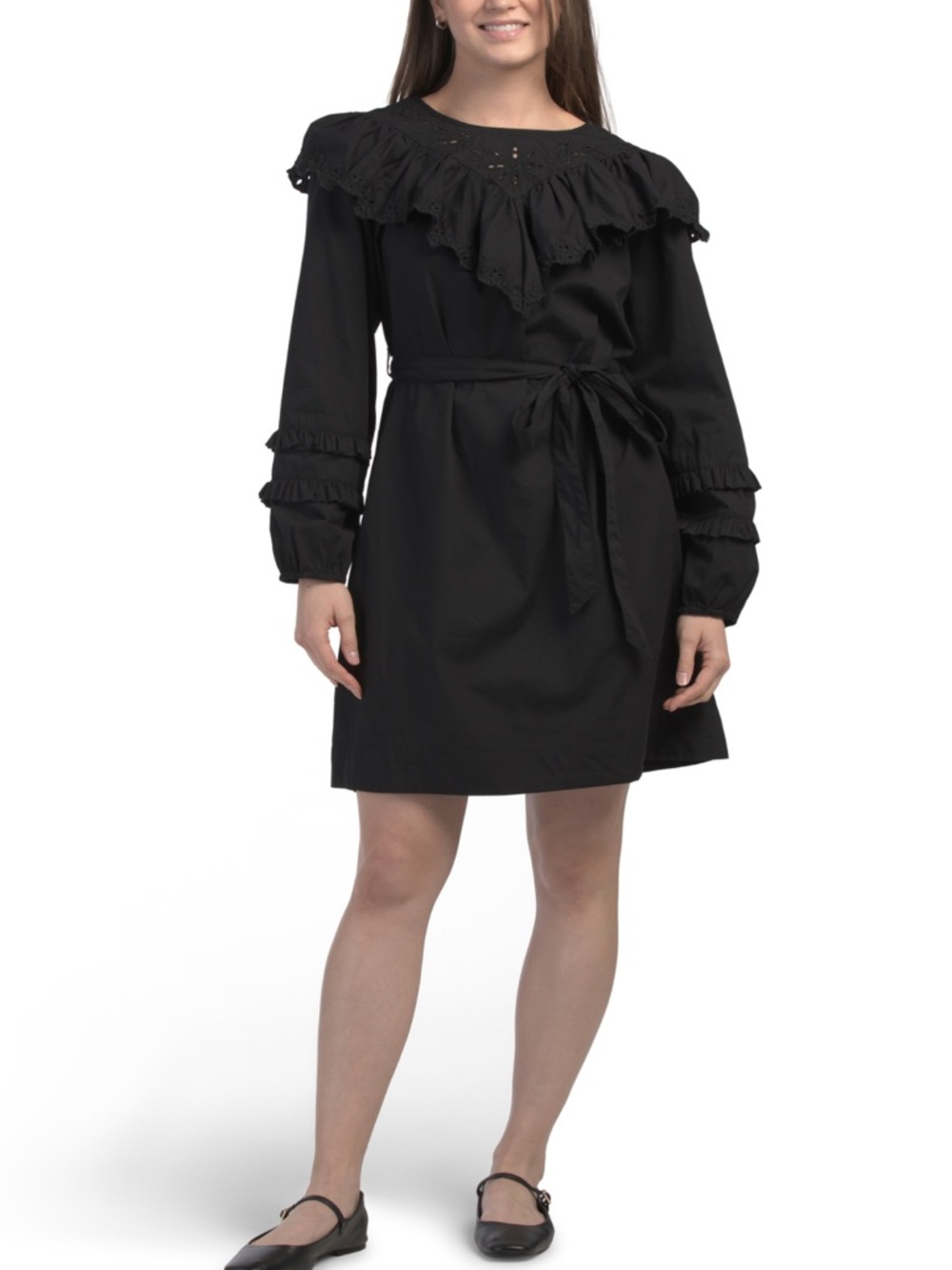 New! LEA Long Sleeve Embroidered Ruffle Mini Dress size M